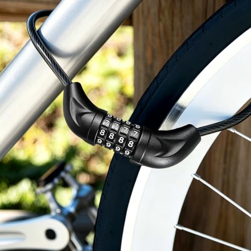 Bike Cable Lock 6FT Long, 4 Digit Resettable Combination Lock, Heavy Duty Steel Cable with Waterproof Vinyl Coating Anti Theft Security Lock for Road Bike E-Bike Scooter Fence Gate Toolbox
