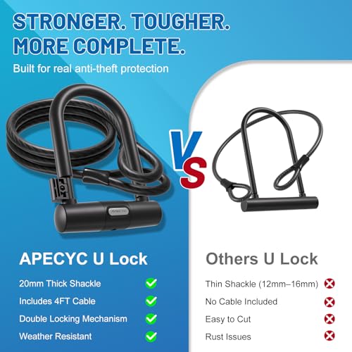 APECYC Bike Lock Heavy Duty Anti Theft U Lock with 4FT Cable for Bicycle