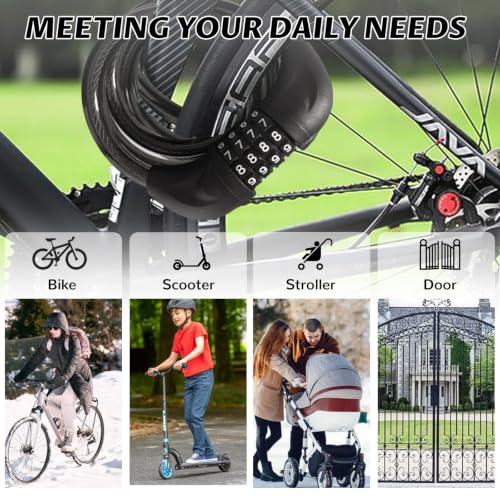 Bike Cable Lock 6FT Long, 4 Digit Resettable Combination Lock, Heavy Duty Steel Cable with Waterproof Vinyl Coating Anti Theft Security Lock for Road Bike E-Bike Scooter Fence Gate Toolbox