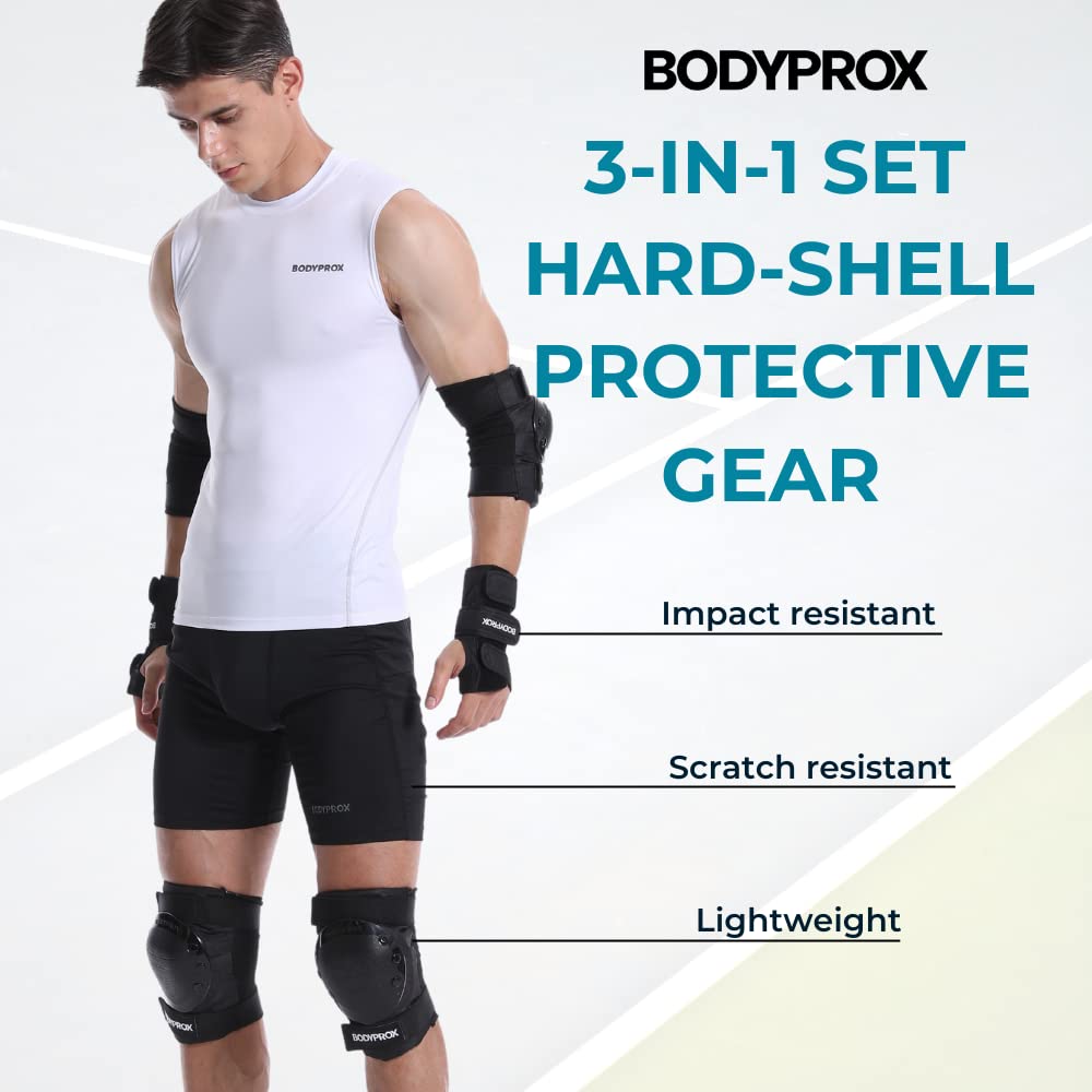BODYPROX Knee Pads Elbow Pads Wrist Guards Set for Inline Skating, Skateboarding, Roller Derby and BMX Ride.