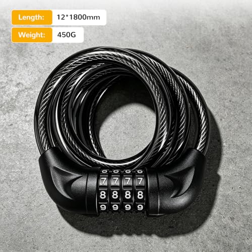 Bike Cable Lock 6FT Long, 4 Digit Resettable Combination Lock, Heavy Duty Steel Cable with Waterproof Vinyl Coating Anti Theft Security Lock for Road Bike E-Bike Scooter Fence Gate Toolbox