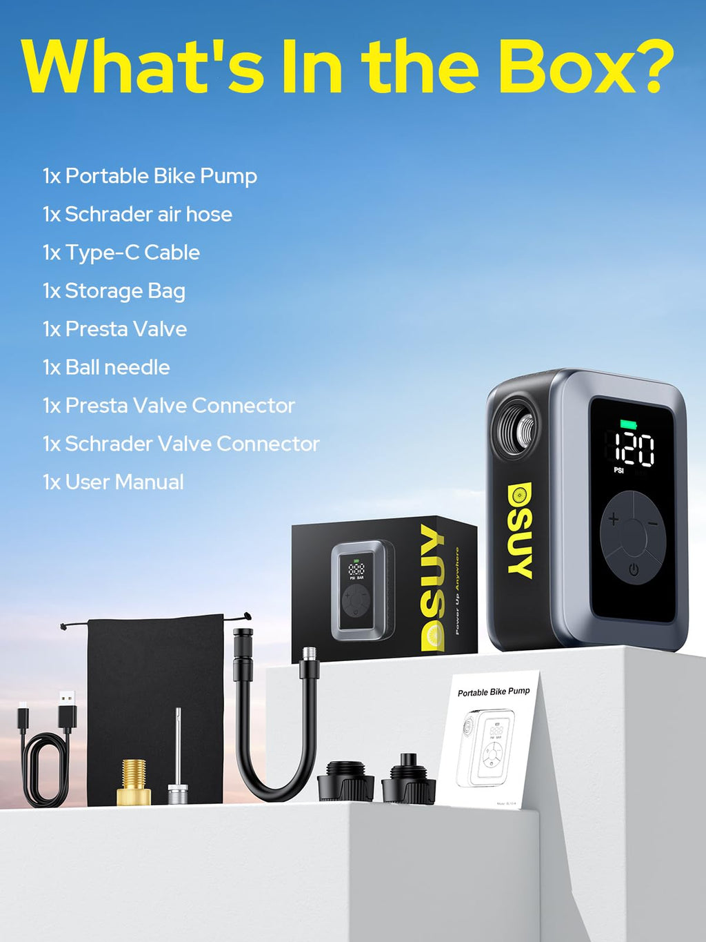 DSUY 120 PSI Mini Electric Bike Pump with Digital Gauge