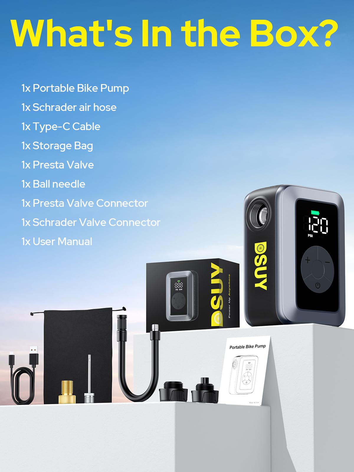 DSUY 120 PSI Mini Electric Bike Pump with Digital Gauge