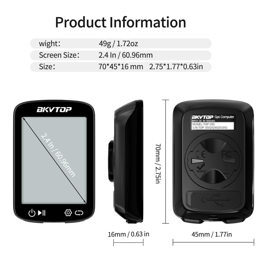 BKVTOP Wireless GPS Bike Computer with 2.4" IPX7 Display