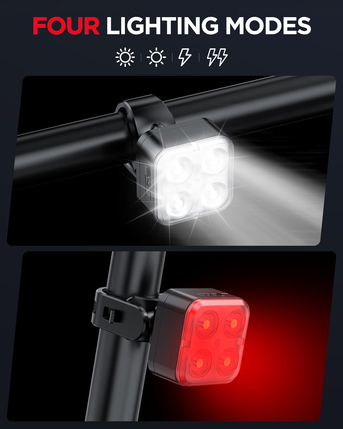 Akale Bike Lights Set, Rechargeable Bicycle Lights Front and Rear, 4 Light Mode Options, Bike Headlight, IPX4 Waterproof, Easy to Install for Men Women Road