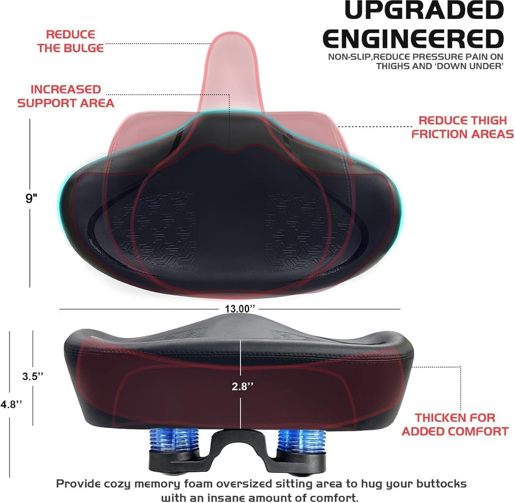 Extra Wide Noseless Padded Bike Seat for Exercise & E-Bikes