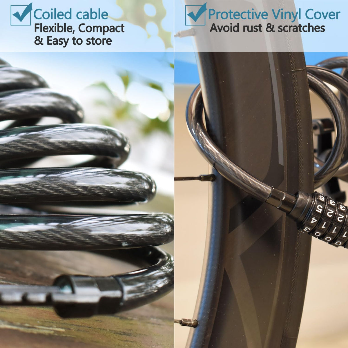 MARQUE Combination Bike Lock Cable- 3/8 inch (5FT, 10FT, 15FT, 25FT) Resettable Combination Lock, Anti-Theft Coiled Security Cable for Bicycles, Kayaks, Paddle Boards, Gates and Outdoor Gear