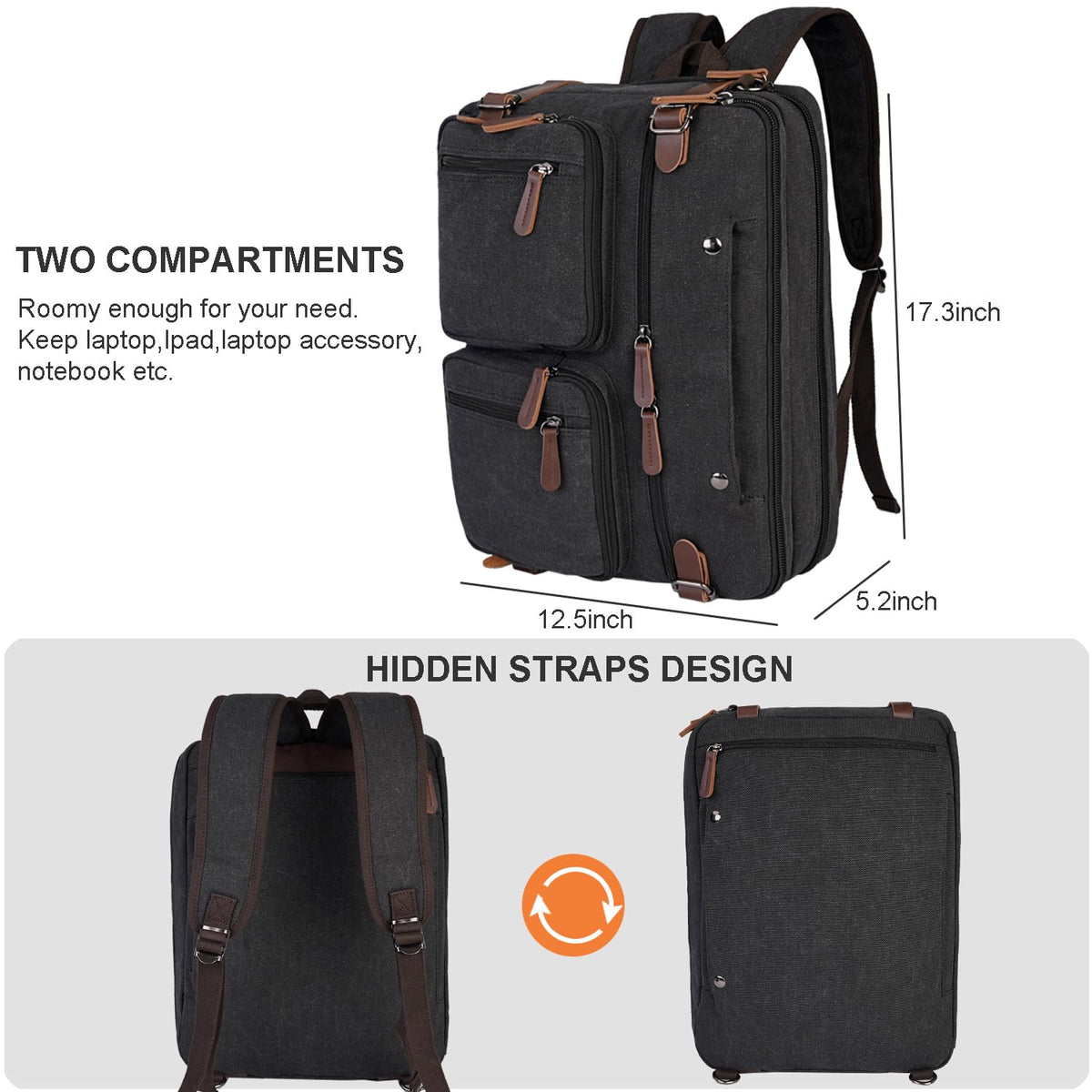 3 In 1 Laptop Bag for Men, Convertible Messenger Bag Canvas Computer Briefcase,Laptop Shoulder Bag for Work Travel College