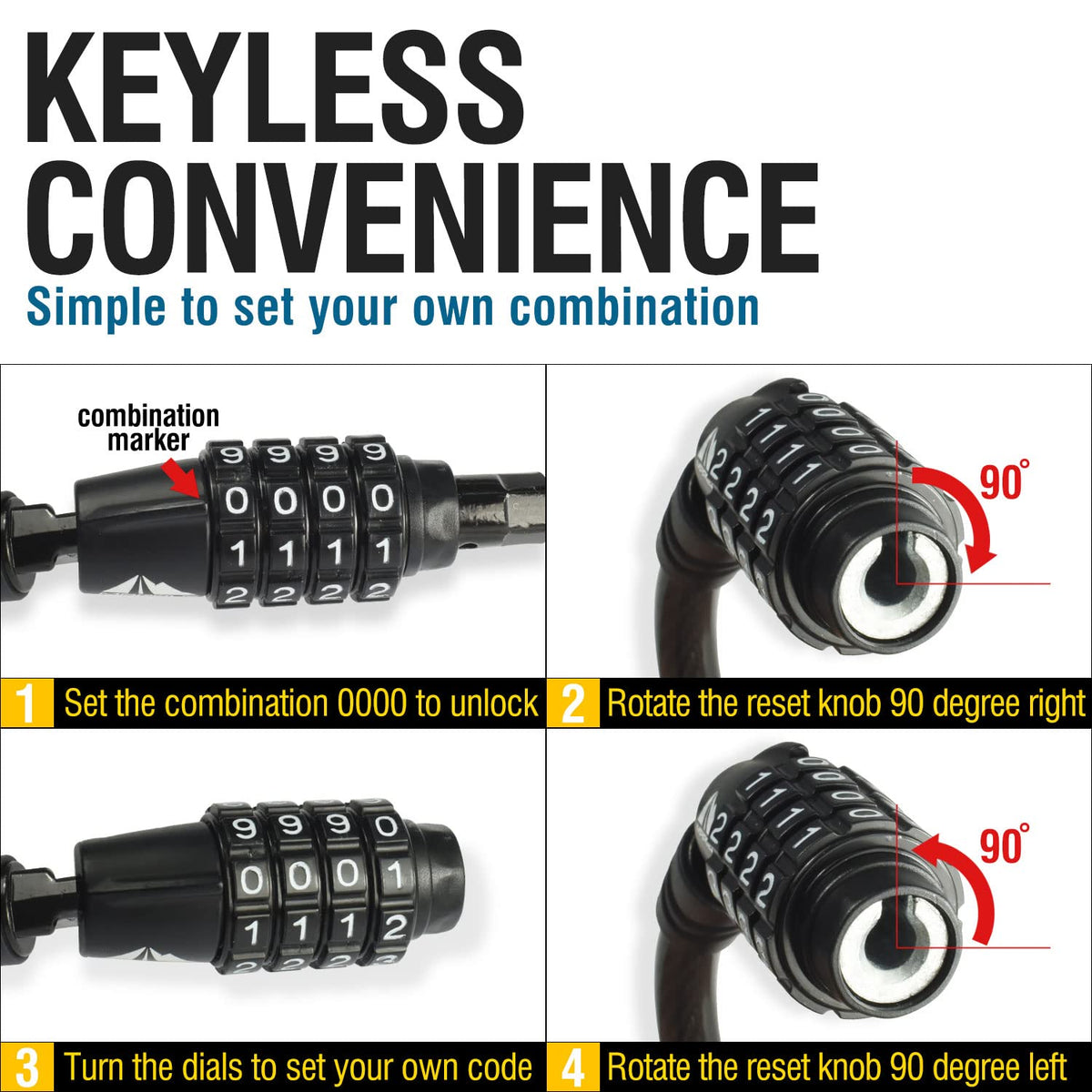 MARQUE Combination Bike Lock Cable- 3/8 inch (5FT, 10FT, 15FT, 25FT) Resettable Combination Lock, Anti-Theft Coiled Security Cable for Bicycles, Kayaks, Paddle Boards, Gates and Outdoor Gear