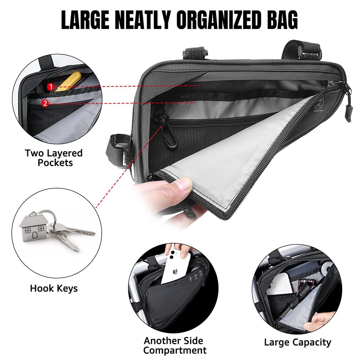 WOTOW Bike Frame Bag - Water-Resistant Reflective Triangle Storage Bag, 2L