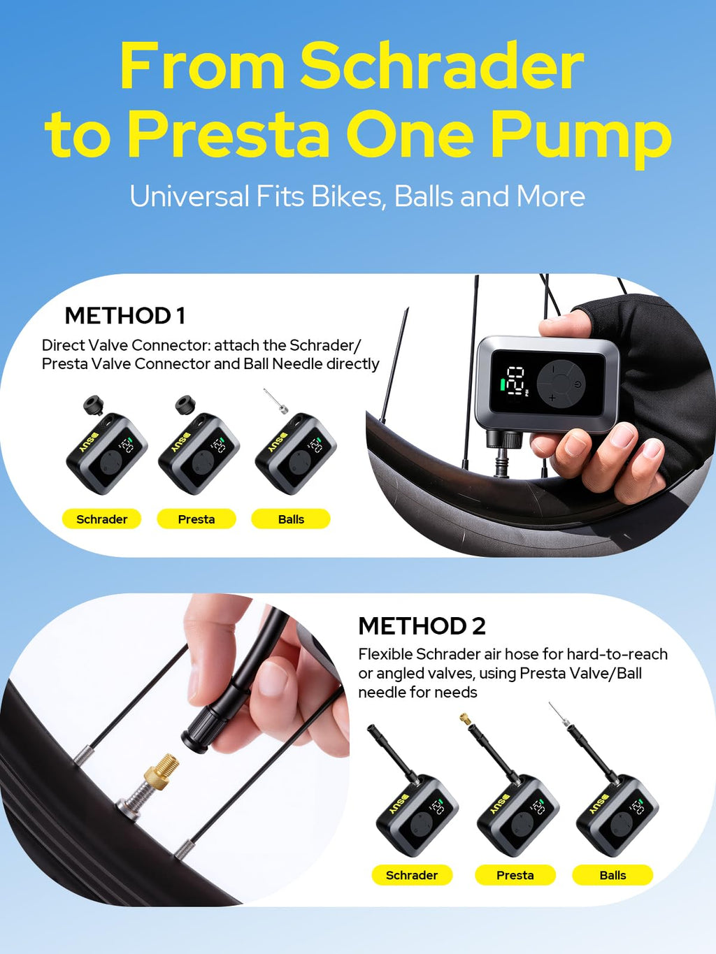 DSUY 120 PSI Mini Electric Bike Pump with Digital Gauge