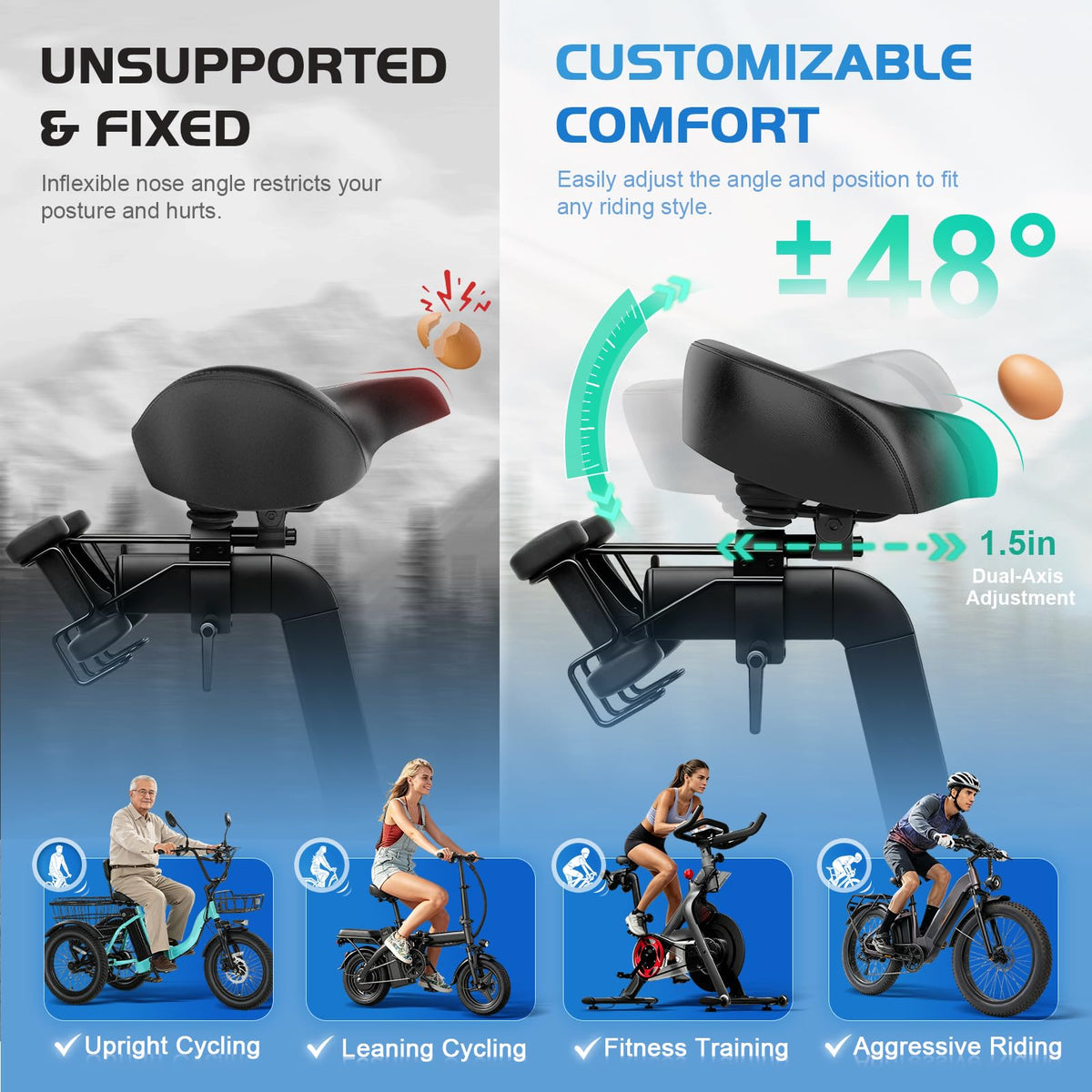 Extra Wide Noseless Padded Bike Seat for Exercise & E-Bikes