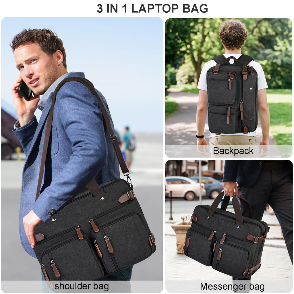 3 In 1 Laptop Bag for Men, Convertible Messenger Bag Canvas Computer Briefcase,Laptop Shoulder Bag for Work Travel College