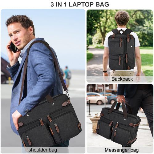 3 In 1 Laptop Bag for Men, Convertible Messenger Bag Canvas Computer Briefcase,Laptop Shoulder Bag for Work Travel College